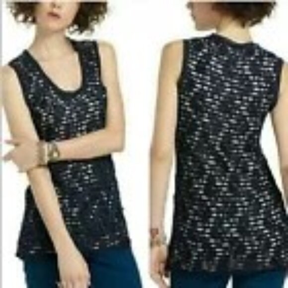 Anthropologie Meadow Rue Navy Blue Striped w/ Lace Overlay Tunic Tank Top Size M - Picture 2 of 8